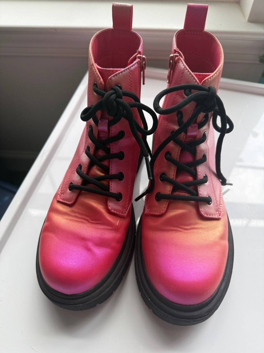 Girls Pink Iridescent Combat Boots Lace Up